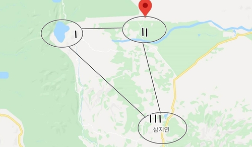 백두산 천지(Ⅰ표시) 및 솽무펑(Ⅱ), 삼지연(Ⅲ) 위치[구글지도 캡처 및 편집. 재판매 및 DB 금지]