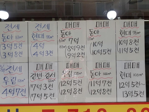 서부 이촌동 부동산 중개업소에서 내건 시세 안내 [촬영 홍국기]