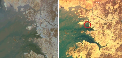 천리안 1호가 촬영한 인천 부근 모습(왼쪽)과 2B호가 촬영한 모습. 빨간색 동그라미 안이 인천대교 [과학기술정보통신부·한국항공우주연구원 제공]