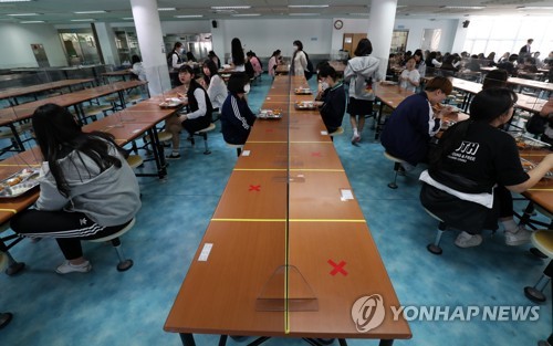 거리두고 식사하는 고3(부산=연합뉴스) 손형주 기자 = 고등학교 3학년 등교 수업 첫날인 20일 오전 부산 동래구 중앙여자고등학교에서 학생들이 칸막이를 사이에 두고 식사하고 있다. 2020.5.20 handbrother@yna.co.kr