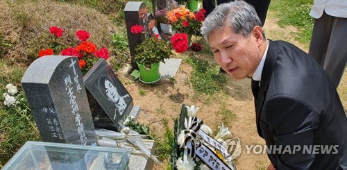 이한열 열사 묘 참배하는 노재헌씨(광주=연합뉴스) 29일 오전 광주 북구 민족민주열사 묘역에서 노태우 전 대통령의 아들 재헌 씨가 고(故) 이한열 열사의 묘를 참배하고 있다. 2020.5.29 [노재헌 씨 측 제공. 재판매 및 DB 금지] iny@yna.co.kr