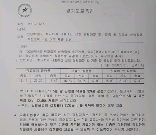 경기도교육청의 학교회계 신속집행 공문 [독자 제공]