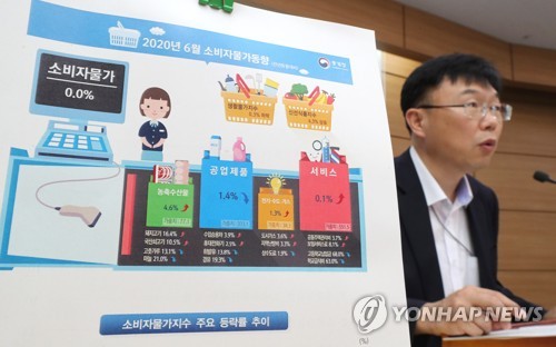 '6월 소비자 물가' 브리핑하는 안형준 경제통계동향심의관(세종=연합뉴스) 김주형 기자 = 안형준 통계청 경제통계동향심의관이 2일 오전 세종시 정부세종청사에서 2020년 6월 소비자물가동향과 관련해 브리핑하고 있다. kjhpress@yna.co.kr