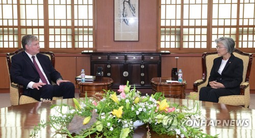 대화 나누는 강경화-비건(서울=연합뉴스) 강경화 외교부 장관과 스티븐 비건 미국 국무부 부장관 겸 대북특별대표가 8일 오전 서울 외교부 청사에서 대화를 하고 있다. 2020.7.8
    [사진공동취재단] photo@yna.co.kr