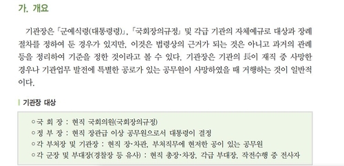 정부의전편람의 '기관장(葬)' 관련 내용[정부의전편람 인터넷판 발췌=연합뉴스]