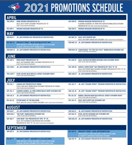 토론토 블루제이스 2021년 프로모션 일정[토론토 블루제이스 홈페이지 캡처. 재배포 및 DB금지]