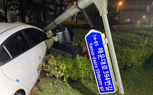 신호등 들이받은 음주운전 차량[부산경찰청 제공·재판매 및 DB 금지]