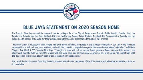 홈구장 사용 불가를 받아들이는 토론토 구단의 성명[토론토 블루제이스 트위터. 재판매 및 DB금지]