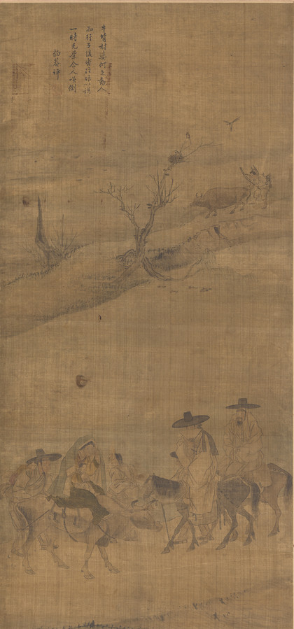 단원의 유명한 병풍 그림 중 하나인 <행려풍속도>의 일부 화폭인 ‘노중 풍경’. <단원 풍속도첩>의 일부인 <노중 풍경>과 그림 속 장면이 비슷하다.