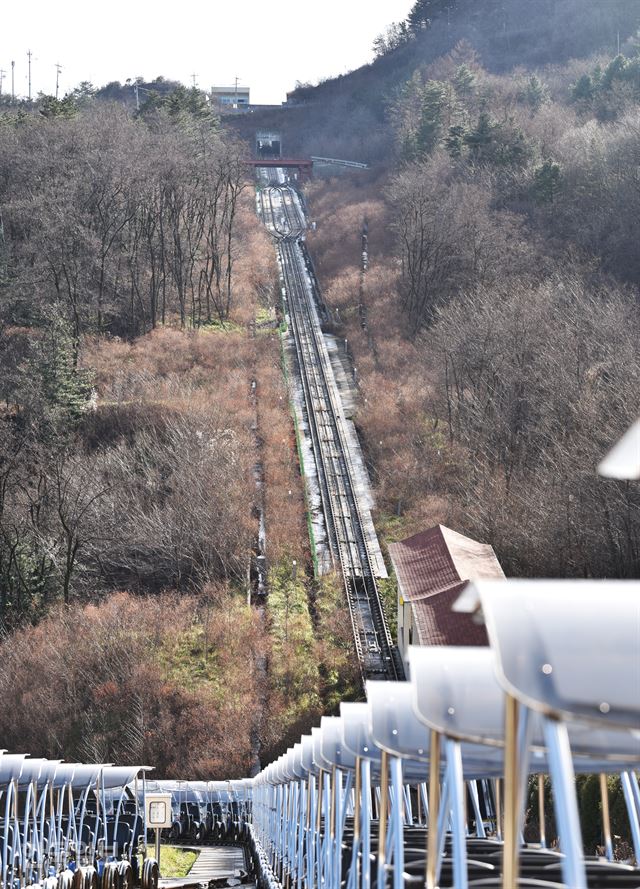 하이원추추파크에서 본 강삭철도. 심포리~통리역 구간에서 열차를 한 량씩 끌어 올리거나 내렸다. 승객들은 걸어서 이동했다.