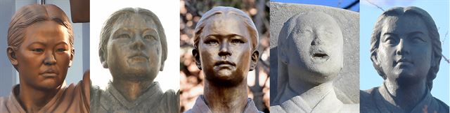 [유관순 열사] 왼쪽부터 충남 천안시 쌍용동, 천안시 동남구 병천면 유관순열사기념관, 서울 이화여고, 어린이대공원, 장충동에 세워진 유관순 열사의 동상.