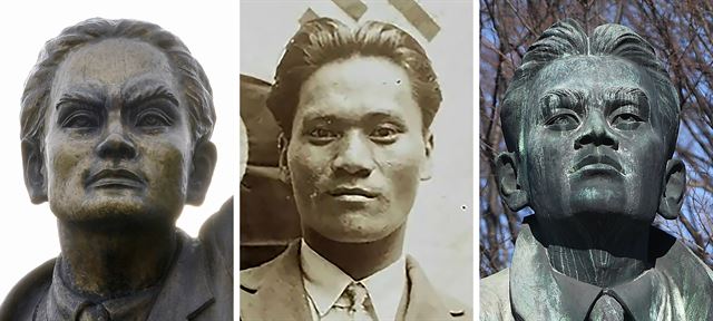 [윤봉길 의사] 왼쪽부터 대전 충무체육관 앞 ‘윤봉길 의사 상’, 1932년 의거를 앞두고 한인애국단 선서식에서 찍은 윤 의사의 사진, 서울 양재동 매헌 윤봉길 의사 기념관 동상.