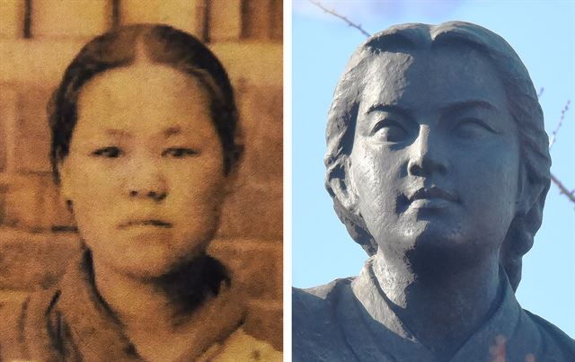 [유관순 열사] 빛바랜 사진과 동상은 동일한 인물을 담고 있지만 서로 닮지 않았다. 대한민국임시정부수립 100주년, 독립운동가의 숭고한 뜻을 그들과 전혀 다른 생김새의 동상으로 기리는 현실은 안타깝다. 1919년 서대문형무소 수형자 기록표에 남은 유관순 열사의 사진(왼쪽)과 서울 중구 장충동에 세워진 ‘류관순상’.