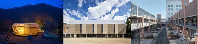 올해 ‘젊은 건축가상’ 수상자로 선정된 세 팀의 대표작품. 건축공방의 ‘글램핑’, 아이디알건축사사무소의 ‘압구정초등학교 다목적강당’, 푸하하하건축사사무소의 ‘성수연방’. 문화체육관광부 제공