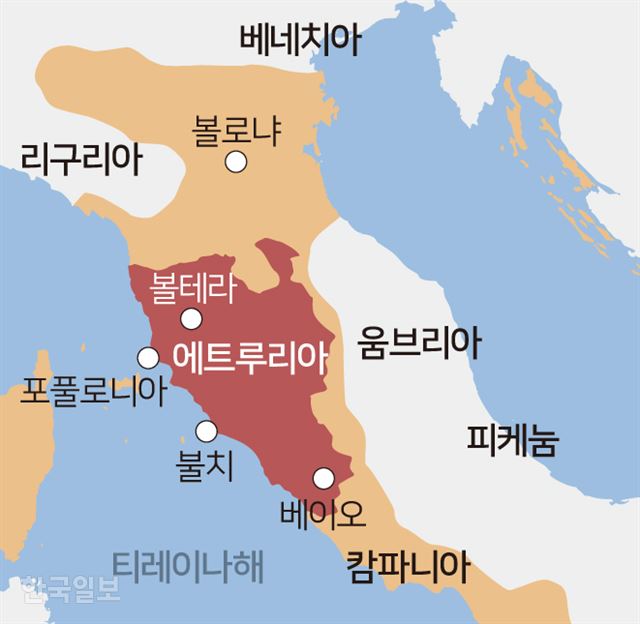 [저작권 한국일보] 이탈리아 반도 내 에트루리아 지도. 빨간색은 기원전 750년 당시 영역, 주황색은 이보다 확장된 기원전 750년~기원전 500년쯤의 영역이다. 송정근 기자