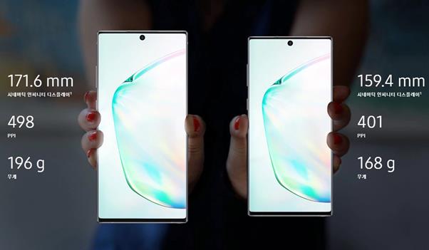 6.8인치의 갤럭시노트10플러스(왼쪽)와 6.3인치의 갤럭시노트10. 삼성전자 제공