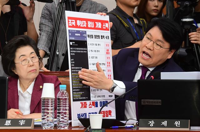 장제원 자유한국당 의원이 지난 6일 서울 여의도 국회에서 열린 조국 법무부 장관 후보자 인사청문회에서 질의를 하고 있다. 서재훈 기자