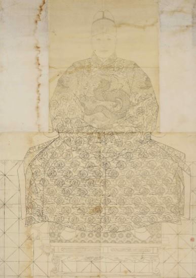 세조의 어진 초본. 1935년에 기존 세조 어진을 모사하기 위한 기초 작업으로 김은호가 그린 밑그림이다. 어진 우측 하단에 김은호의 인장이 찍혀 있다. 세조는 꿈에서 선왕인 세종과 세상을 떠난 아들인 의경세자를 만나고 불서 ‘금강반야바라밀경언해’를 간행했다. 국립고궁박물관 제공