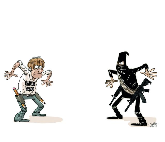 캐나다 만화가 코테의 만평으로 펜을 든 '샤를리 에브도' 만화가와 총을 든 테러리스트가 맞서고 있는 모습을 표현했다. 책세상 제공