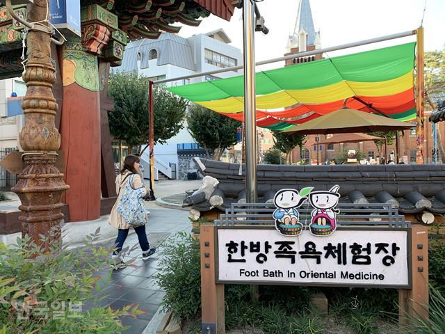 대만 관광객이 10일 대구 근대골목 2코스 약령시한의학박물관 앞에 설치된 한방족욕체험장을 살펴보고 있다. 윤희정기자 yooni@hankookilbo.com