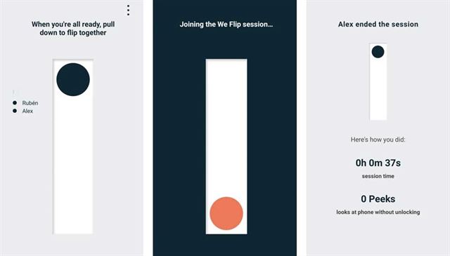 구글의 디지털 웰빙 앱인 위 플립(We Flip). 이 앱에 참여한 참가자들이 다 같이 검은 원을 아래로 내리면 게임이 시작되고(왼쪽 사진), 이후 스마트폰을 사용하기 위해선 주황색 원을 올려야 잠금 해제를 해야한다(가운데 사진). 한 명이라도 잠금 해제를 할 경우 게임이 멈추고 누가 잠금 해제를 했는지, 얼마나 버텼는지 표시가 된다(오른쪽 사진). 구글 제공
