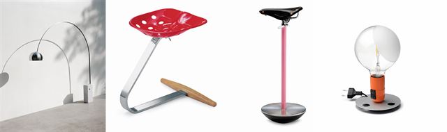 아킬레 카스틸리오니가 디자인한 ‘아르코 플로어 램프’(맨 왼쪽부터), ‘메자드로 스툴’, ‘셀라 스툴’, ‘람파디나 램프’. 프로젝트 콜렉티브 제공