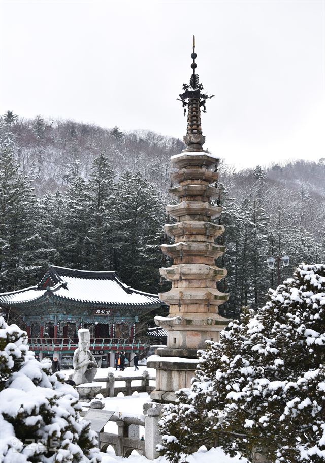 월정사 설경. 호사스러운 석탑 앞에 공양하는 듯한 모습의 석조보살좌상이 놓여 있다.