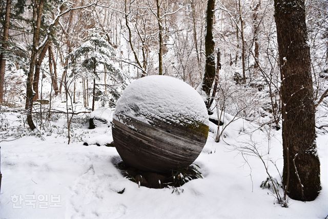 전나무 숲길 곳곳에 자연 재료를 이용한 예술 작품이 숨어 있다.