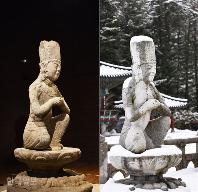 월정사 성보박물관에 전시된 국보 제48-2호 석조보살좌상(왼쪽)과 월정사 앞마당 원래 자리에 세워진 복제품. 복제품이 아무리 정교해도 진품이 풍기는 기운과 비교할 수 없다.  평창=최흥수 기자