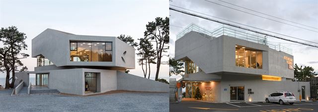 부산 기장의 ‘웨이브온’(왼쪽)과 울산 북구 동해안로의 한 카페. 쌍둥이처럼 닮았다.  이뎀건축사사무소 제공