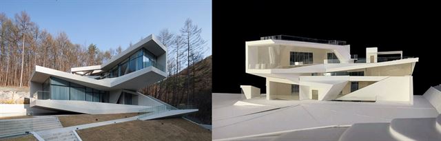 곽희수 소장이 2016년 설계한 강원 홍천군의 ‘유리트리트’ 펜션(왼쪽)과 닮은 건축 모형(오른쪽) 사진이 최근 한 건축사사무소 홈페이지에 게재돼 있다.  이뎀건축사사무소 제공