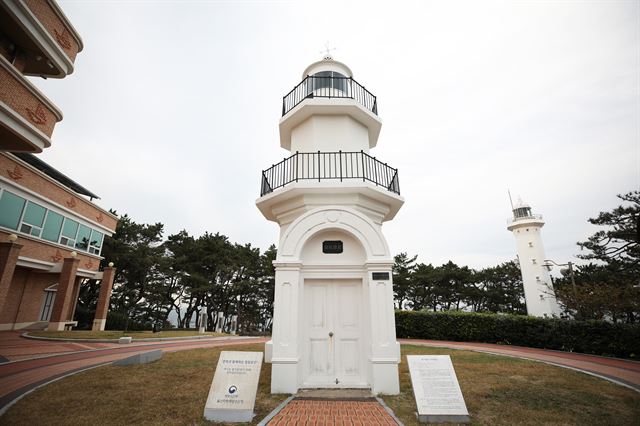 솔숲에 둘러싸인 하얀 울기등대.