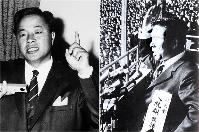 1969년 11월 8일 40대 기수론을 주창하며 대선후보 지명전 출마를 선언하는 김영삼(왼쪽) 전 대통령과 1970년 11월 14일 서울 효창운동장에서 연설을 하는 김대중 전 대통령. 한국일보 자료사진