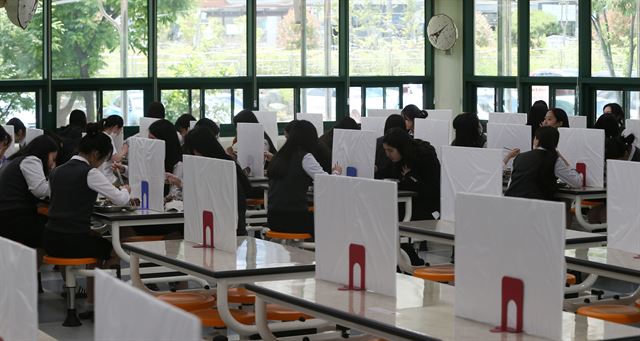 고교 3학년 등교 수업 첫날인 20일 오전 울산시 중구 함월고에서 학생들이 칸막이가 설치된 급식실에서 점심을 먹고 있다. 연합뉴스