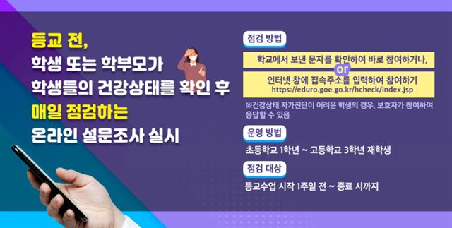 코로나19 확산 방지를 위해 학생들이 등교 전 스스로 건강상태를 체크하는 프로그램이 2일 오전 오류로 상당수 학생이 그냥 등룍한 것으로 알려졌다. 다만 도교육청은 교실 입구에서부터 발열체크를 하기 대문에 다소 시간이 걸릴 뿐 큰 문제는 없다는 입장이다. 자신의 상태를 알리는 설문조사 안내문. 경기교육청 홈페이지 캡처