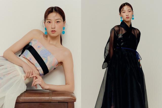 블랙핑크 로제가 입은 '봉황문인문보' 무늬의 크롭탑(왼쪽)과 검은색 철릭. 단하주단 제공