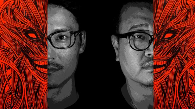 [저작권 한국일보] 최근 단행본이 출간된 웹툰 '지옥'의 연상호(오른쪽)감독, 최규석(왼쪽) 작가의 얼굴을 만화 속 사자의 얼굴에 함께 연출한 모습.이한호 기자