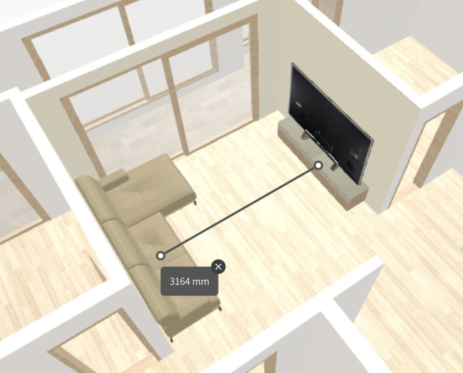 어반베이스의 3D 기술로 구현된 송파 헬리오시티 24평형대 아파트 도면. TV와 소파의 거리는 3.1ｍ다. [출처 어반베이스]