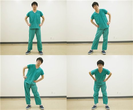 [사진설명3 :가볍게 허리로 원 그리기(선 자세에서 두 손을 허리에 얹고 가볍게 엉덩이를 원을 그리면서 돌려준다. 5-10회 반복하고, 한 방향으로 반복이 끝나면, 반대 방향으로도 돌려준다] / 서울아산병원 제공