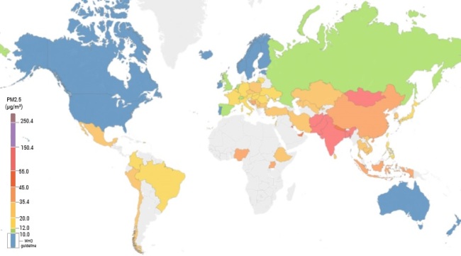 2018년 전세계 지역별 초미세먼지 분포도 [에어비주얼 보고서 갈무리]