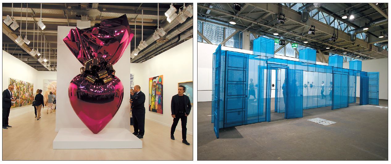 가고시안 갤러리는 생존 작가 중 가장 비싼 경매기록을 보유한 제프 쿤스의‘ 새크리드 하트(Sacred Heart)’를 선보였다(왼쪽), 아트 바젤 2019 언리미티드에 출품된 서도호 작가의‘ Hub, 성북동 260-7, 성북구, 서울, 한국, 2017’ 이한빛 기자/vicky@