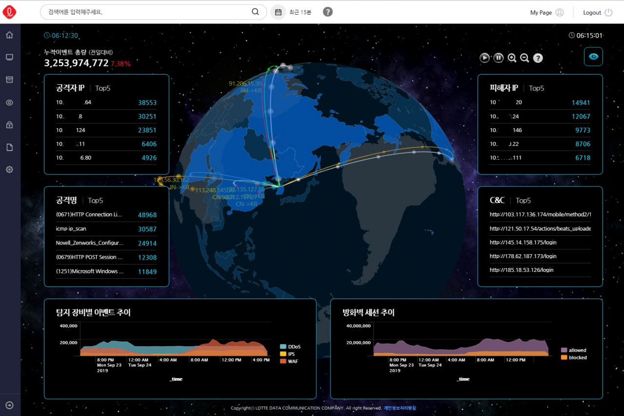 〈사진〉롯데정보통신 보안관제센터 내 3D 대시보드 화면 [롯데정보통신 제공]