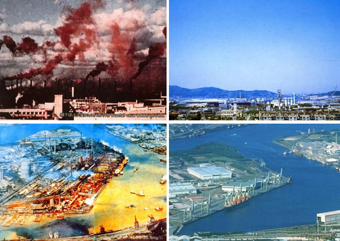 기타큐슈 시내(위쪽) 와 도카이만의 1960년대(왼쪽) 및 1980년대(오른쪽) 풍경. [기타큐슈시]