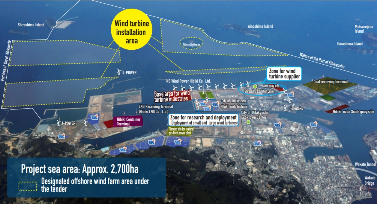 기타큐슈시 에코타운 인근 히비키나다 해역상 풍력 발전소 설치 계획 조감도. 해당 지역에는 풍력, 바이오매스 등을 포함해 총 2.3GW 규모의 신재생에너지 발전소가 오는 2022년까지 설치될 예정이다. [히비키윈드에너지]