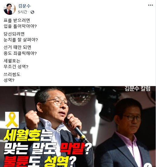 [김문수 전 경기지사 페이스북 캡처]