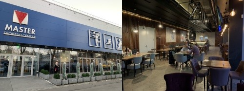 체육관 외부 모습(좌)과 입구 바로 옆에 있는 레스토랑.