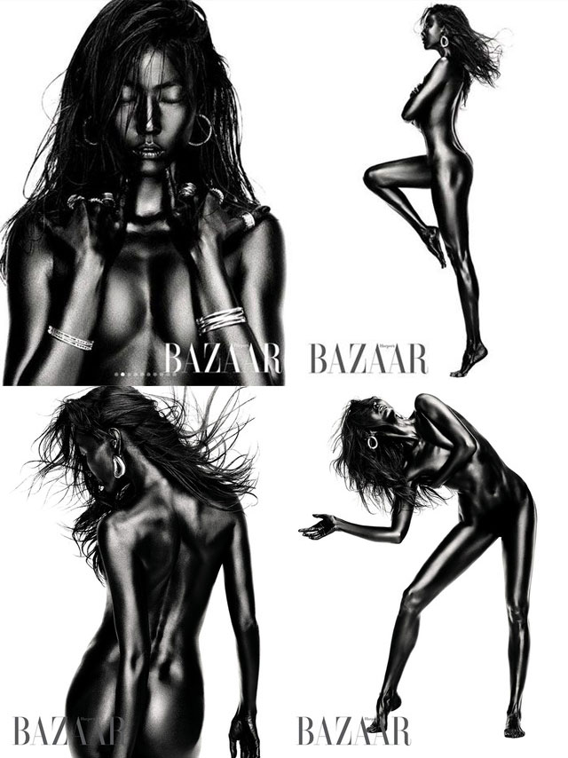 모델 한혜진, ‘올 블랙’ 파격 누드 화보 공개. 사진=하퍼스 바자