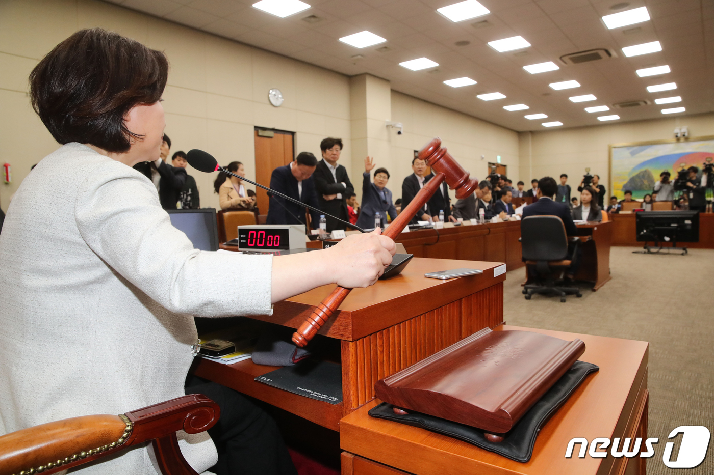 심상정 정치개혁특별위원회 위원장이 29일 오후 서울 여의도 국회 정무위원회 회의장에서 열린 정개특위 회의에서 의사봉을 두드리고 있다. 2019.4.29/뉴스1 © News1 김명섭 기자