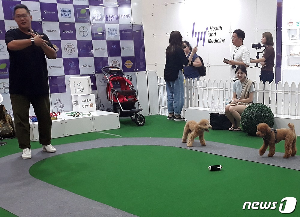 9일 열린 코엑스 펫서울에서 헬스앤메디슨 관계자가 산책 교육을 하고 있다. © 뉴스1 최서윤 기자