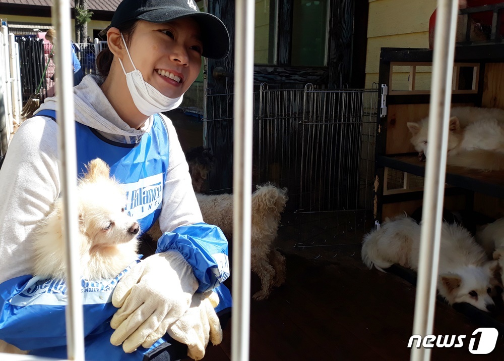 배우 한승연이 지난 19일 유기동물보호소에서 봉사활동을 했다. © 뉴스1 최서윤 기자